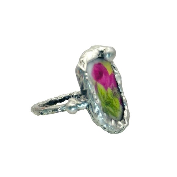 Antique Rose Ring Made From Fine Bone Broken China Encased in Silver Blend Metal - Picture 5 of 13